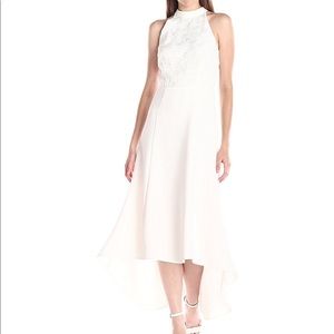 Keepsake the Label white satin and lace halter high low dress